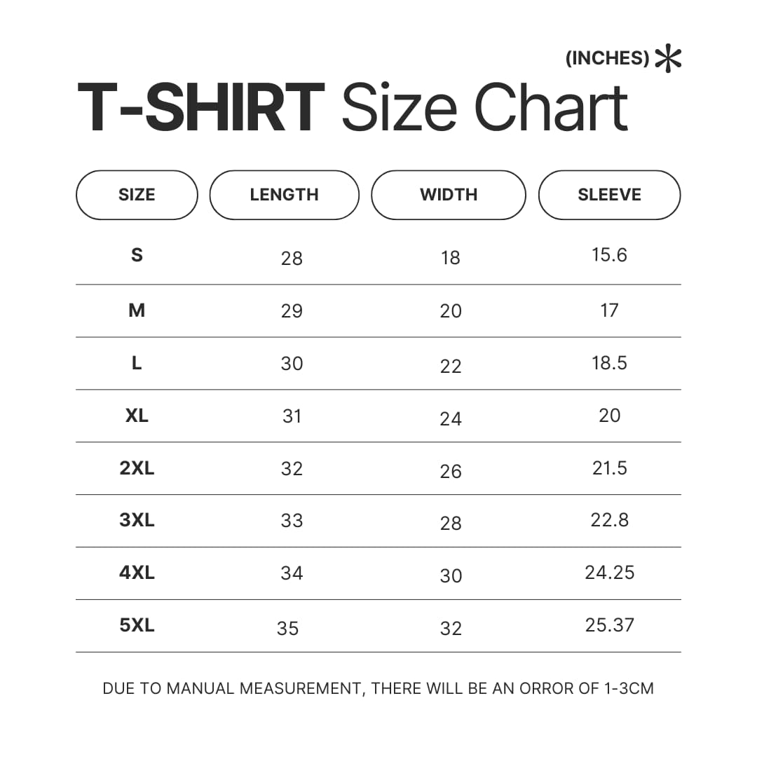 T shirt Size Chart - Zelda UK Shop